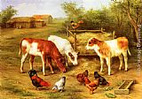 Calves and Chickens feeding in a Farmyard by Edgar Hunt